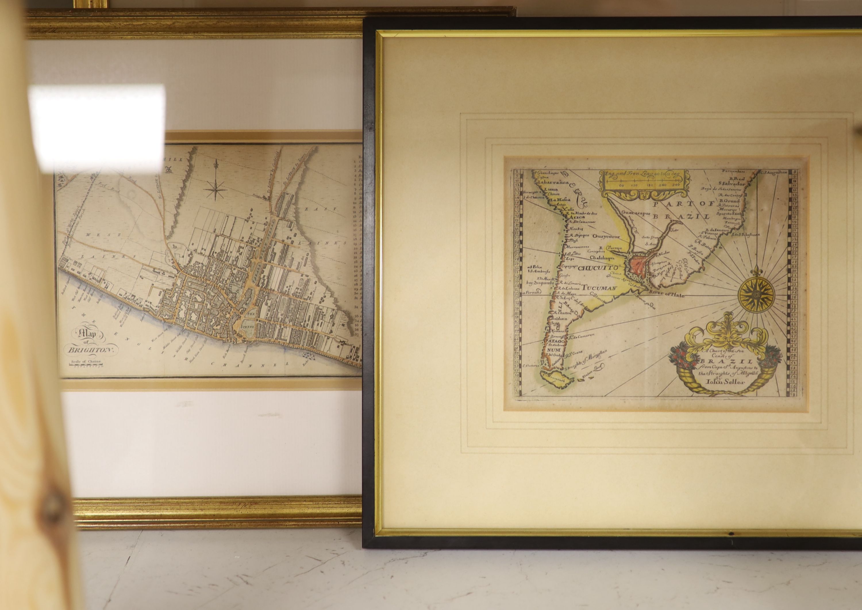 John Seller, coloured engraving, A chart of the sea coasts of Brazil, 13 x 15cm and two Map of Brighton, 12 x 17cm